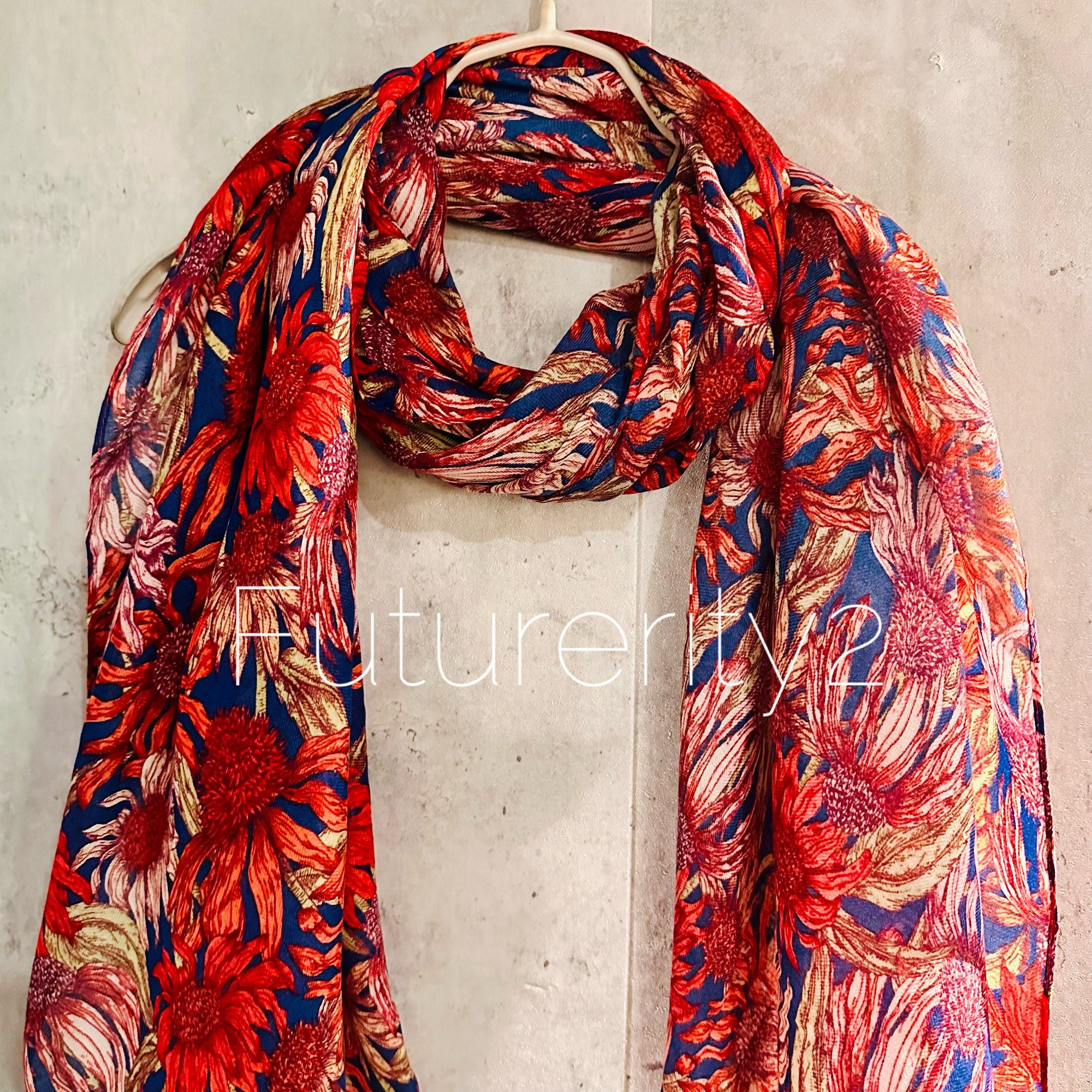 Red Organic Cotton Scarf with Eco-Friendly Sketched Sunflowers