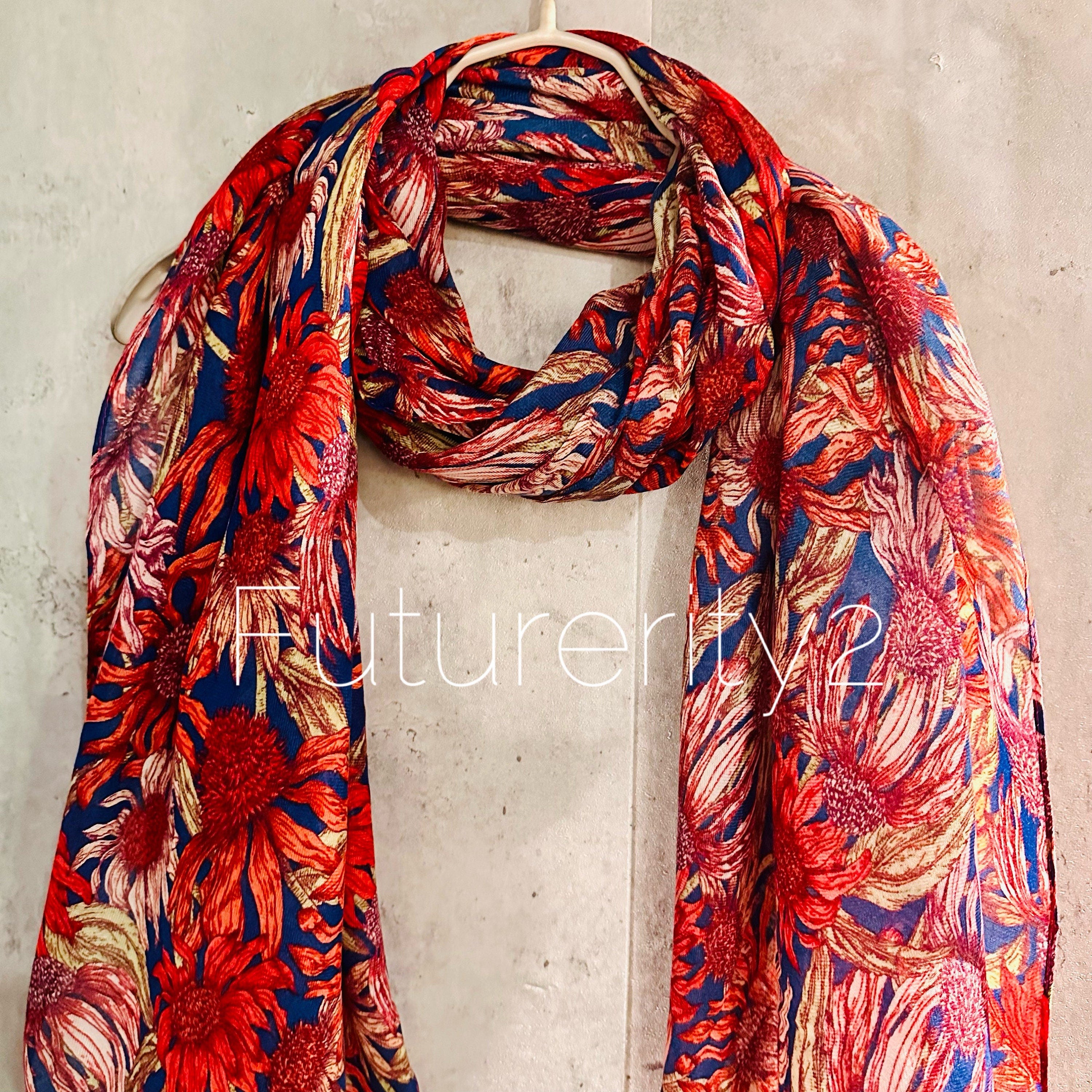Red Organic Cotton Scarf with Eco-Friendly Sketched Sunflowers