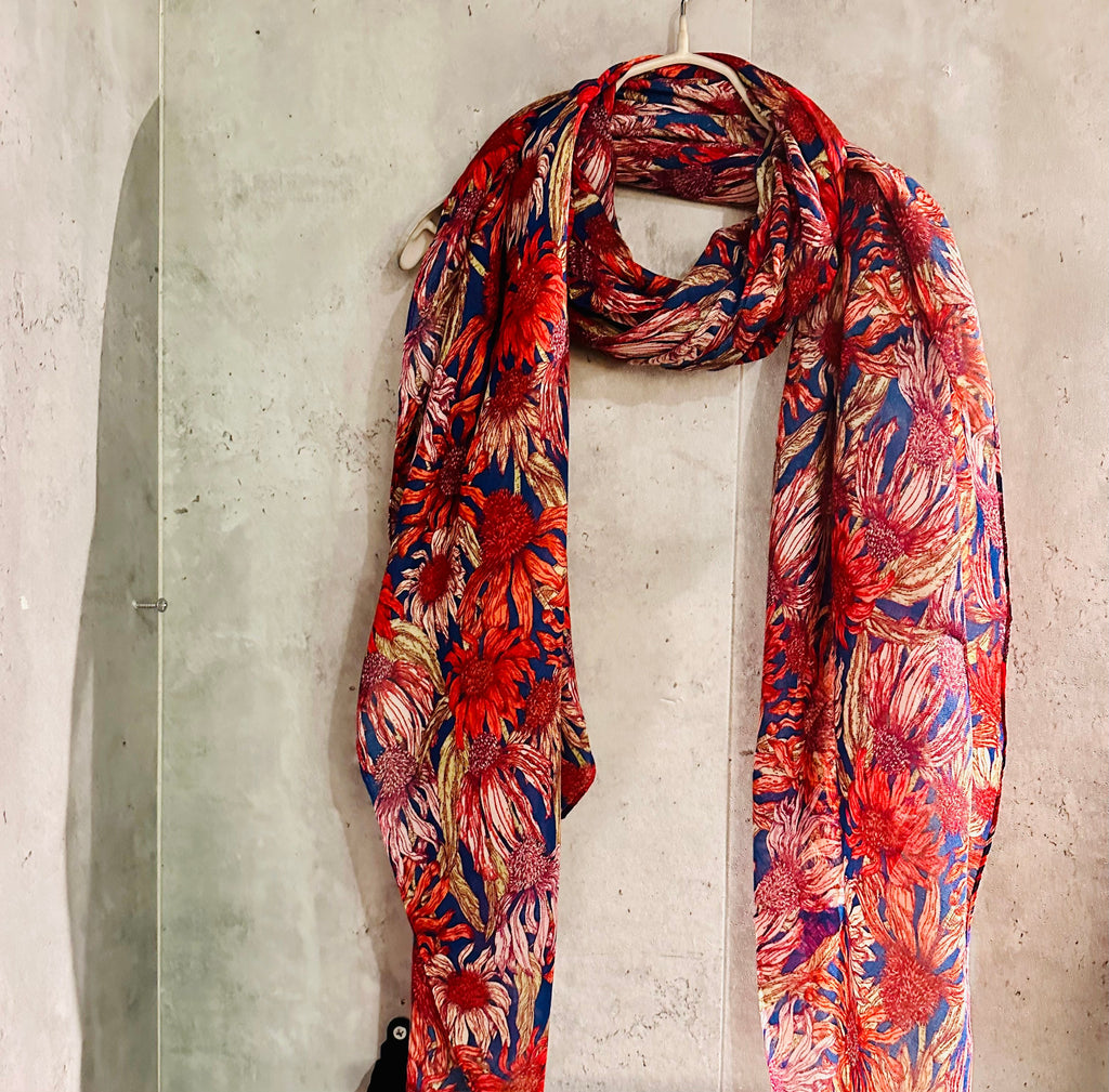 Red Organic Cotton Scarf with Eco-Friendly Sketched Sunflowers