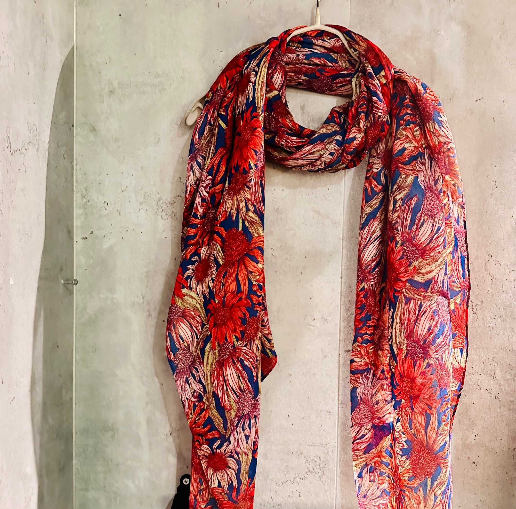 Red Organic Cotton Scarf with Eco-Friendly Sketched Sunflowers