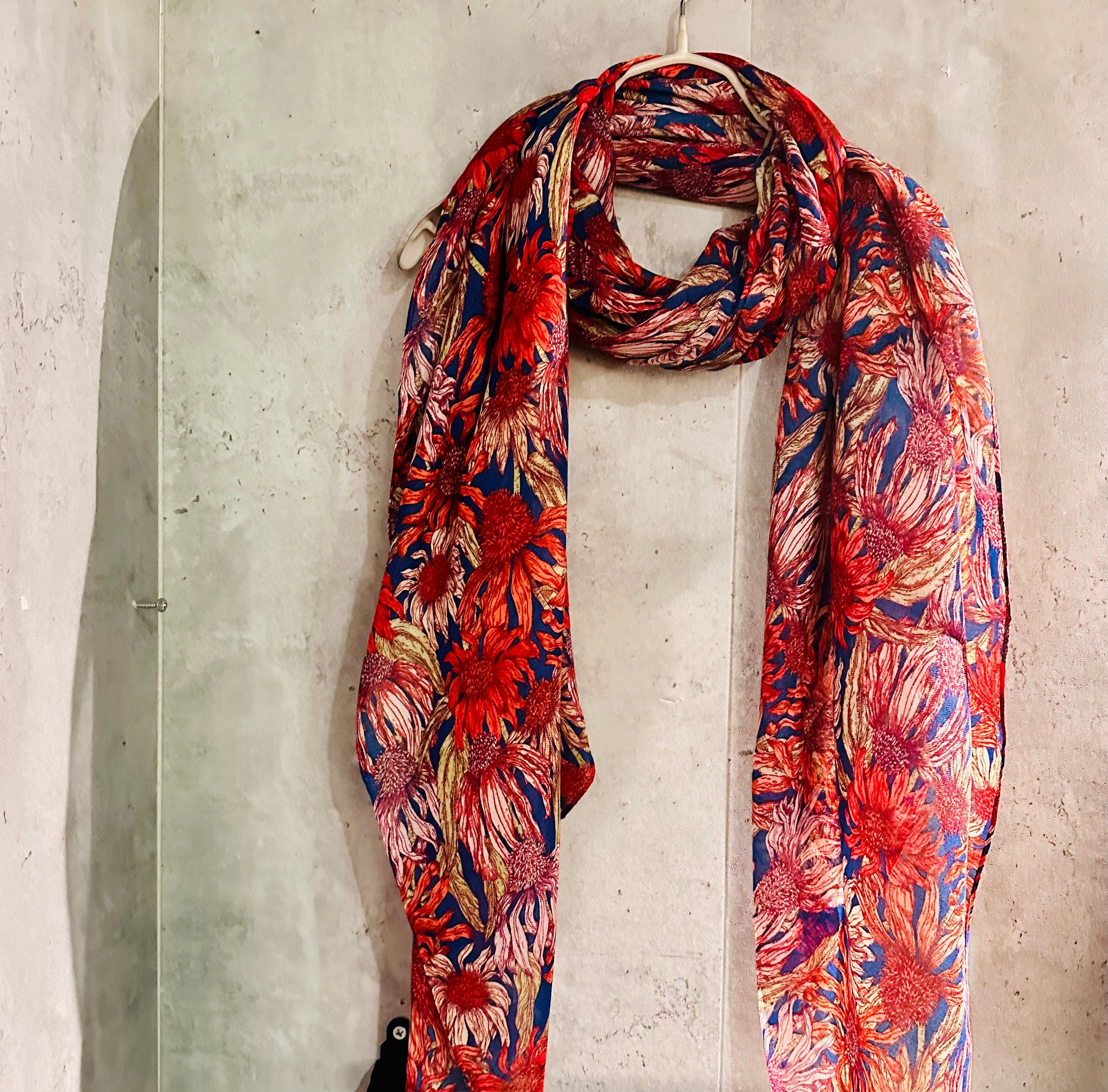 Red Organic Cotton Scarf with Eco-Friendly Sketched Sunflowers