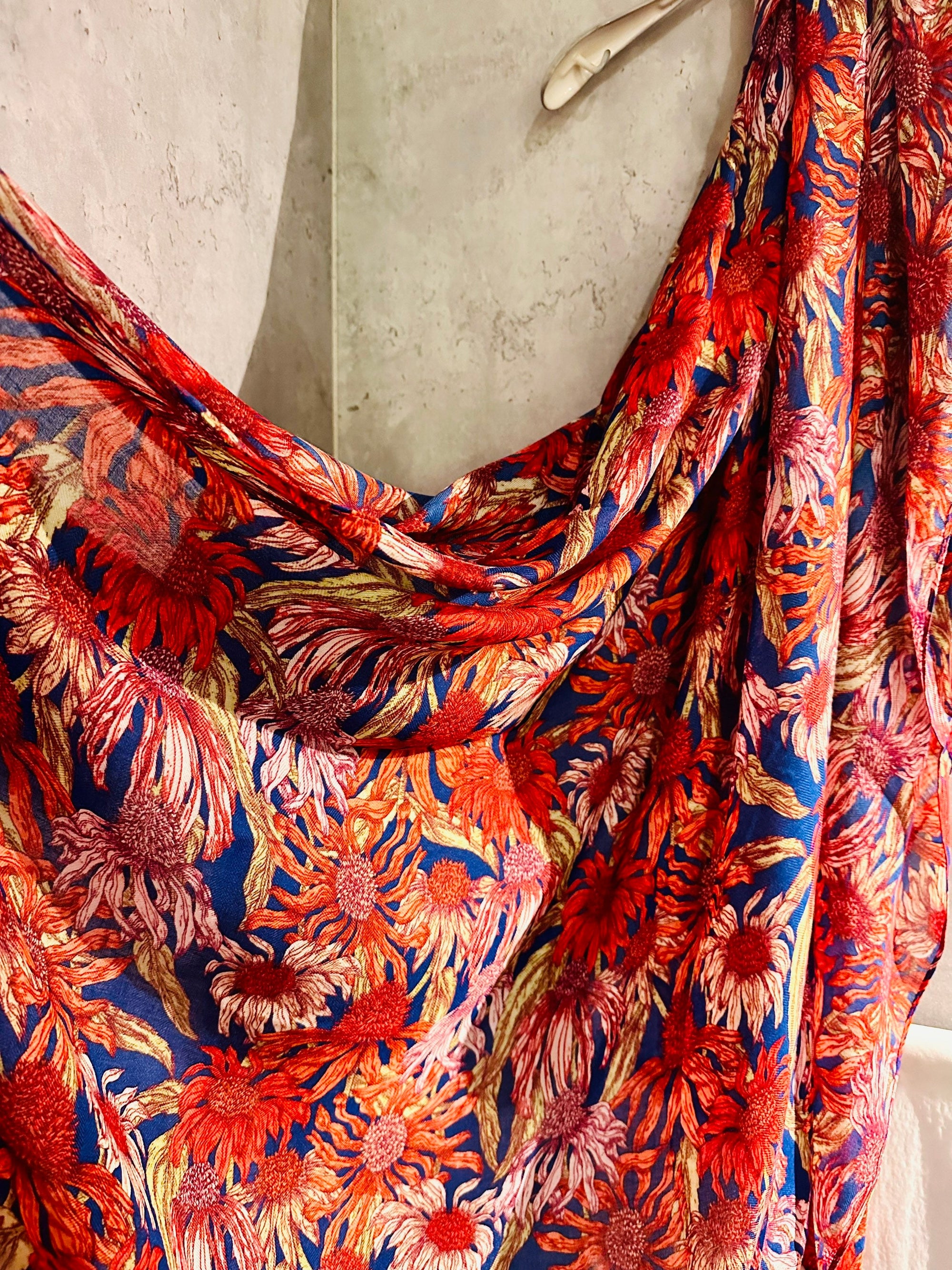 Red Organic Cotton Scarf with Eco-Friendly Sketched Sunflowers