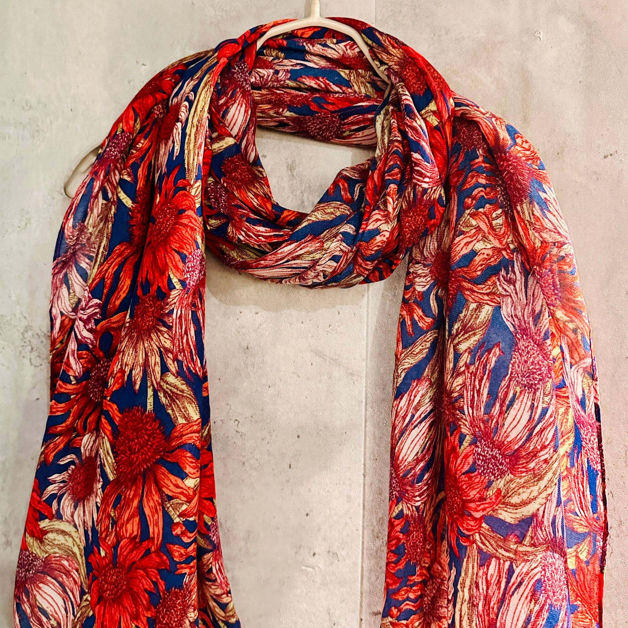 Red Organic Cotton Scarf with Eco-Friendly Sketched Sunflowers
