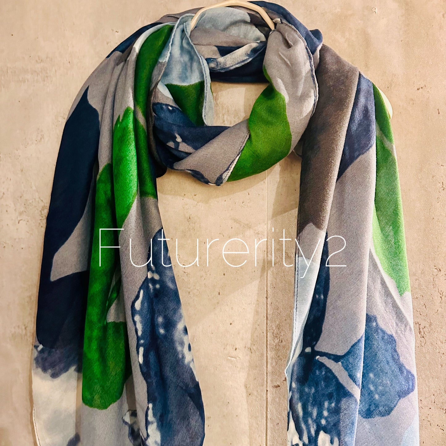 Grey Green Blue Organic Cotton Scarf with Huge Flower and Leaf Design – An Eco-Friendly Gift for Mom, Ideal for Birthday and Christmas Celebrations