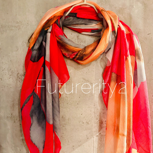 Pink Grey Orange Organic Cotton Scarf with Huge Flower and Leaf Design – An Eco-Friendly Gift for Mom, Perfect for Birthday and Christmas Celebrations