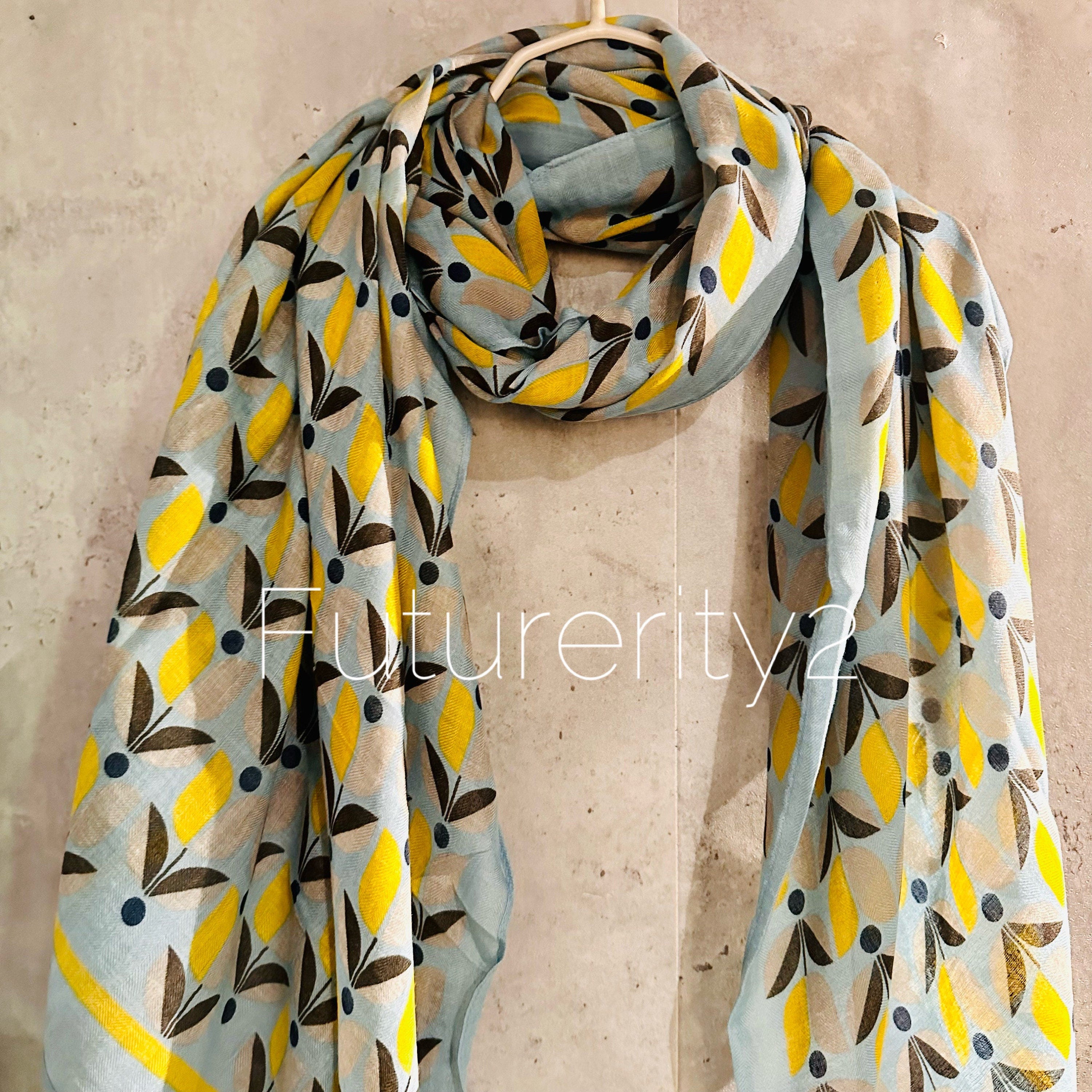 Grey Blue Organic Cotton Scarf with Eco-Friendly Retro Seamless Flowers