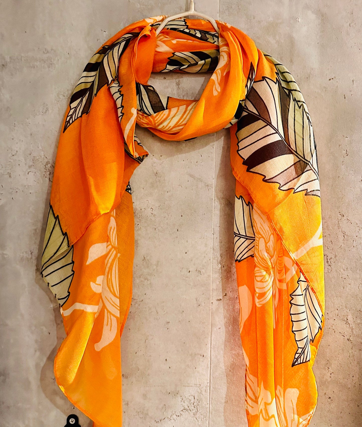 ECO Friendly Sketched Peony Flowers Leaves Organic Cotton Orange Scarf