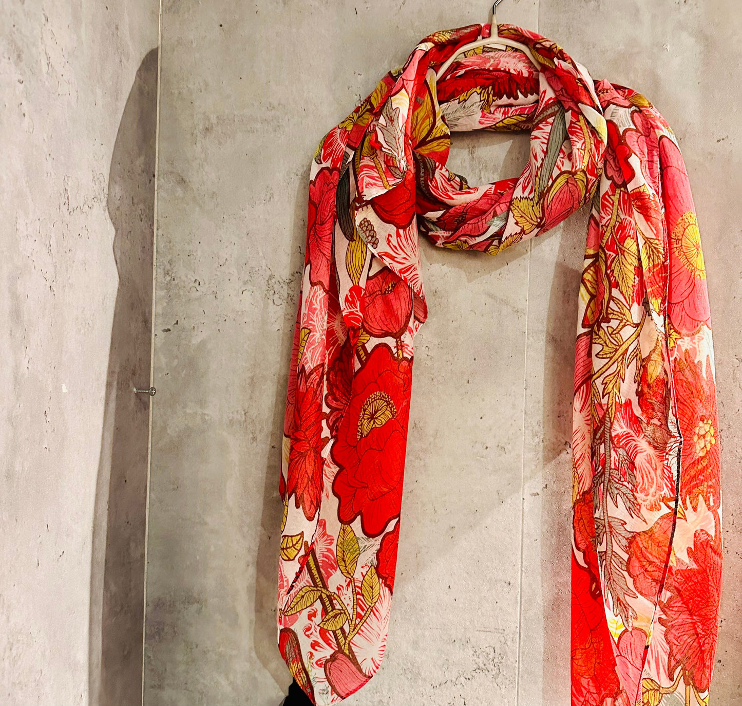 Red Organic Cotton Scarf with Sketched Flowers and Leaves – An Eco-Friendly Gift for Mom, Perfect for Birthday and Christmas Celebrations