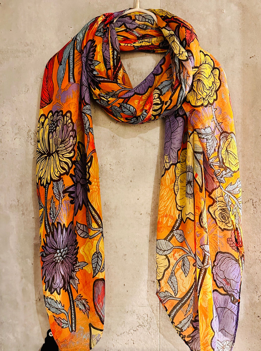 Purple Orange Organic Cotton Scarf with Sketched Flowers and Leaves/An Eco-Friendly Gift