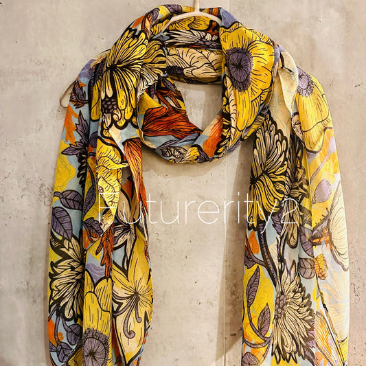 Yellow Organic Cotton Scarf with Sketched Flowers and Leaves – An Eco-Friendly Gift for Mom, Perfect for Birthday and Christmas Celebrations