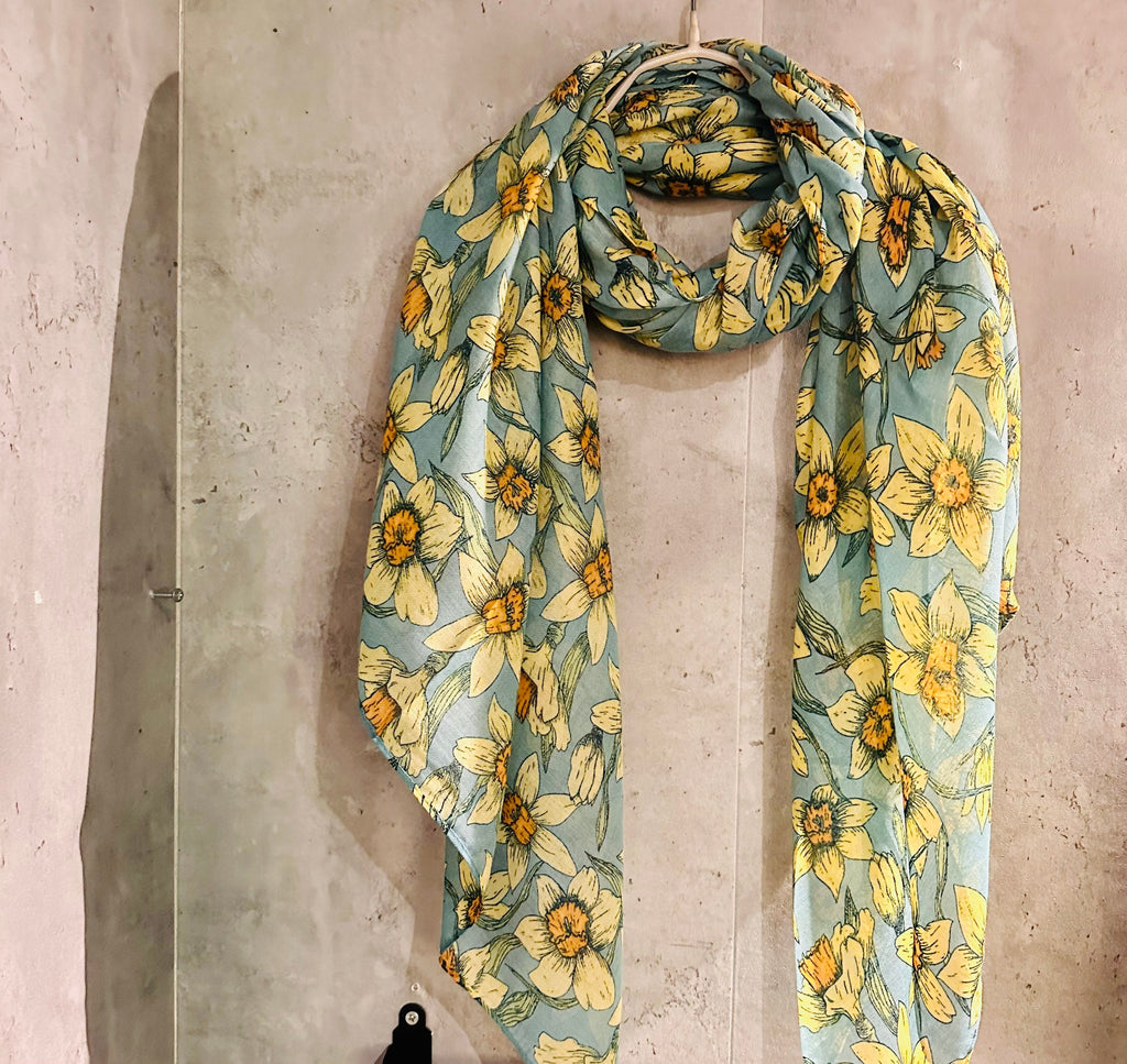 Teal Blue Organic Cotton Scarf with Eco-Friendly Seamless Daffodil Flowers