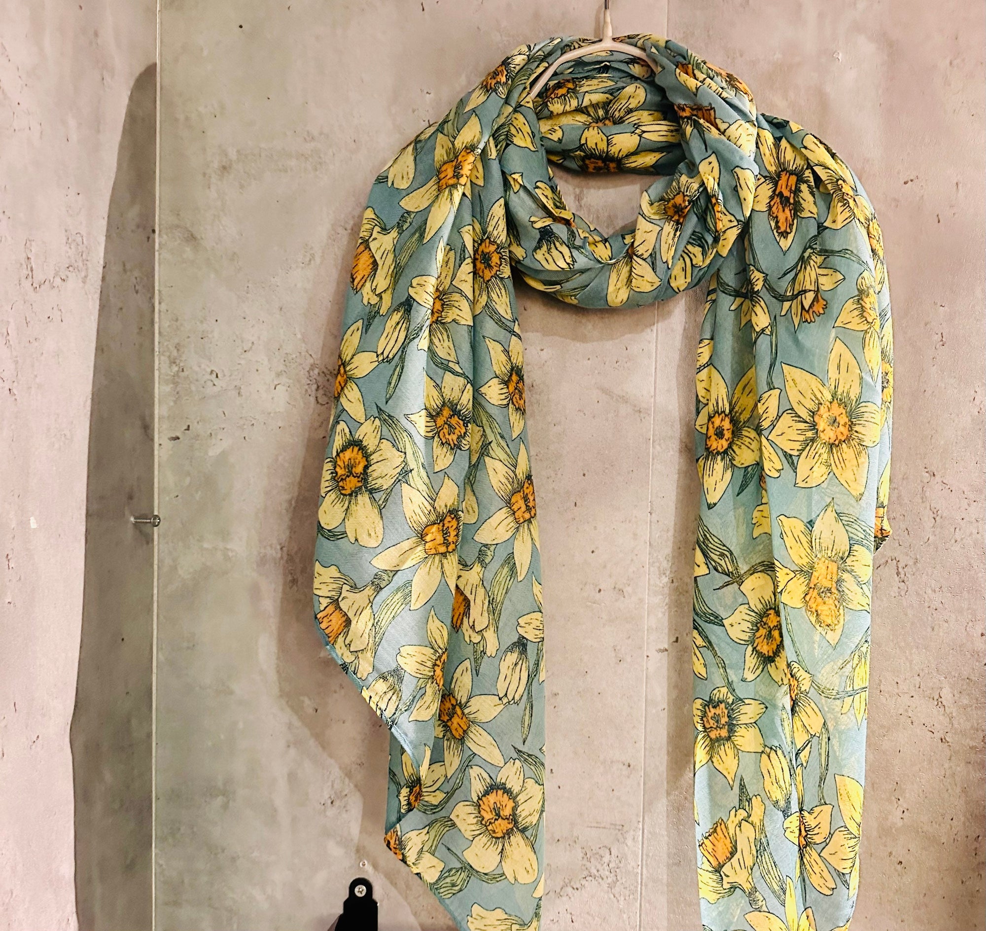 Teal Blue Organic Cotton Scarf with Eco-Friendly Seamless Daffodil Flowers