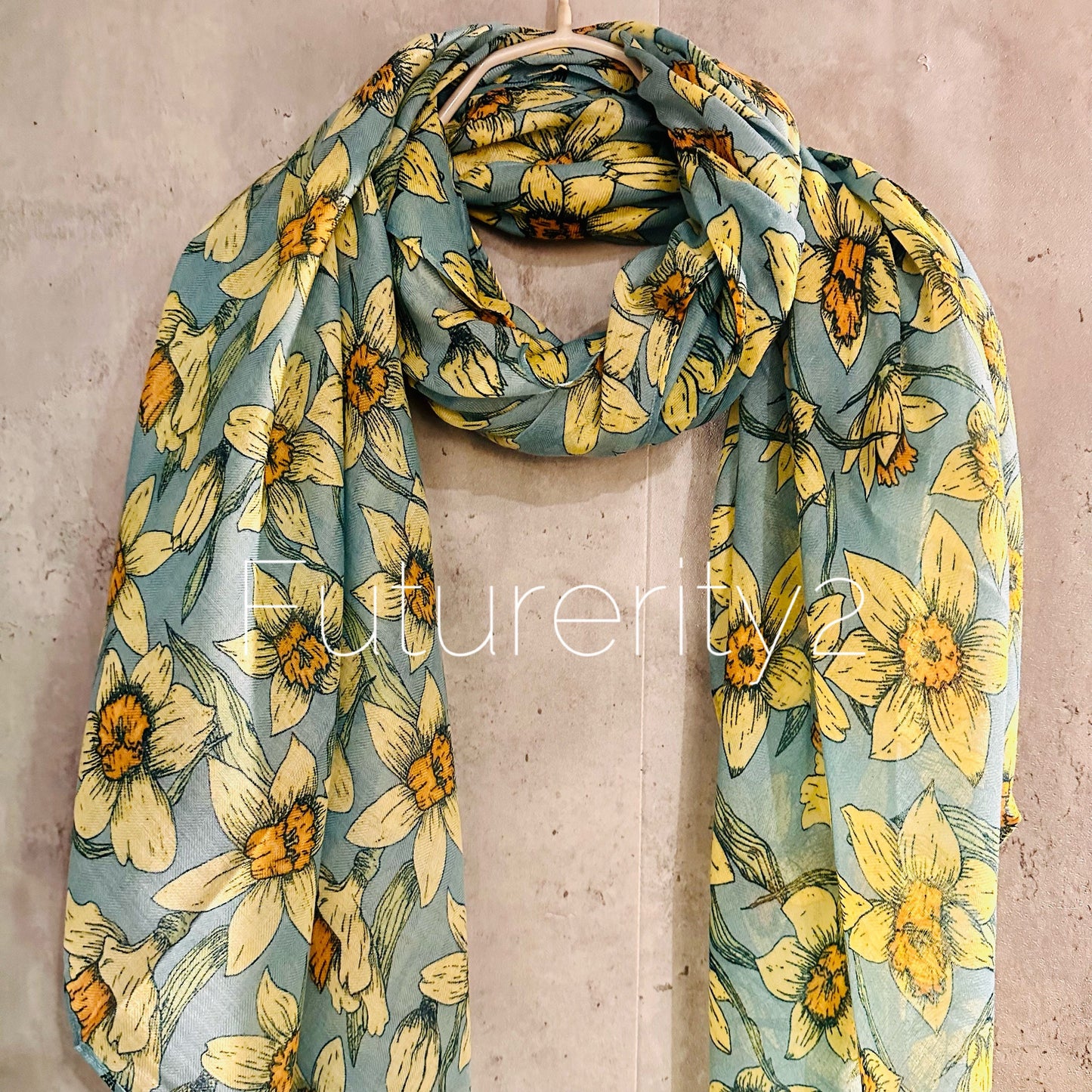 Teal Blue Organic Cotton Scarf with Eco-Friendly Seamless Daffodil Flowers – A Thoughtful Gift for Mom, Ideal for Birthday and Christmas Celebrations