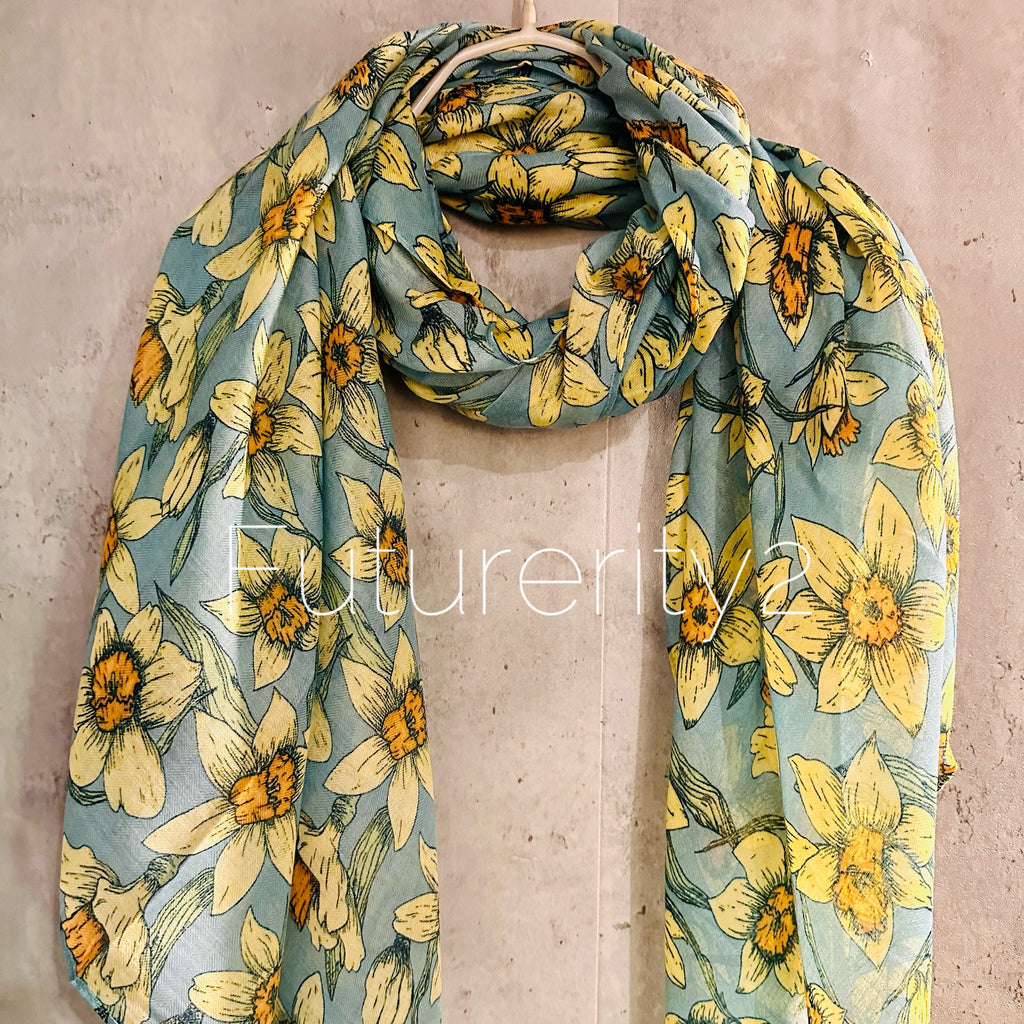 Teal Blue Organic Cotton Scarf with Eco-Friendly Seamless Daffodil Flowers