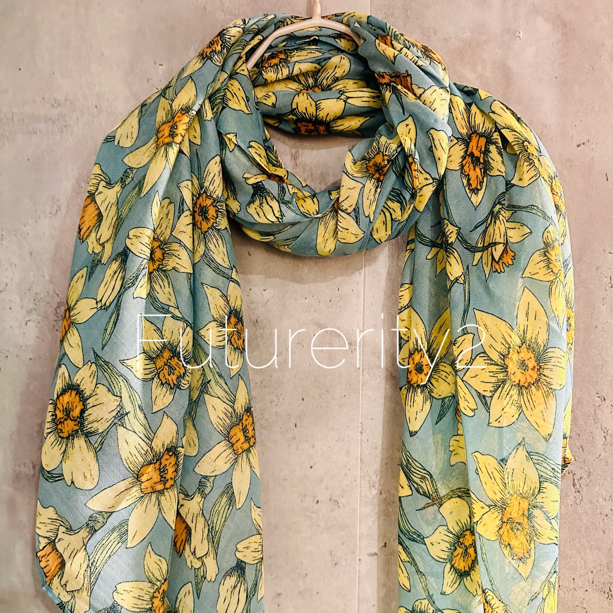 Teal Blue Organic Cotton Scarf with Eco-Friendly Seamless Daffodil Flowers