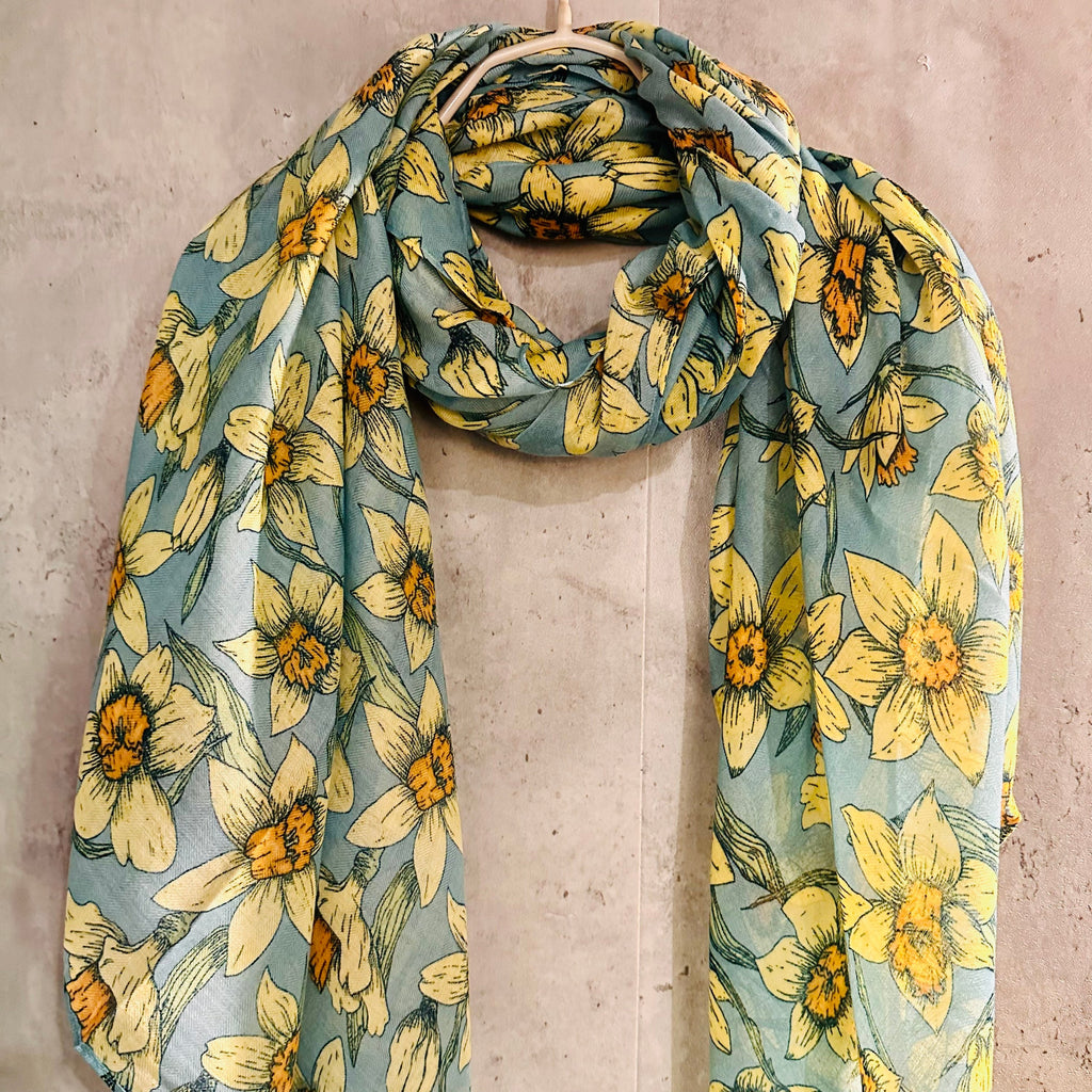 Teal Blue Organic Cotton Scarf with Eco-Friendly Seamless Daffodil Flowers