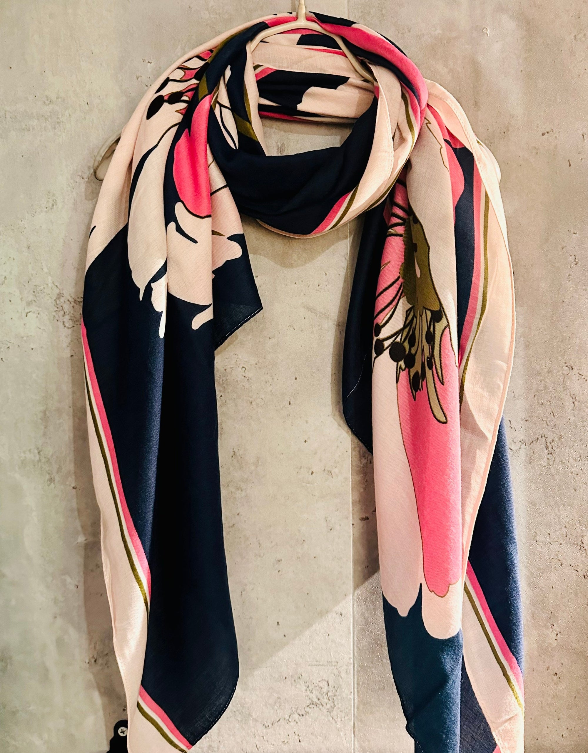 Pink Blue Organic Cotton Scarf with Huge Sketched Peony Flowers/ An Eco-Friendly Gift
