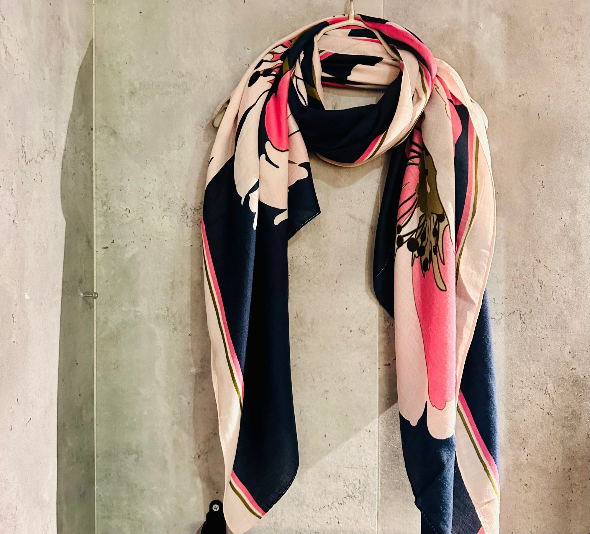 Pink Blue Organic Cotton Scarf with Huge Sketched Peony Flowers/ An Eco-Friendly Gift