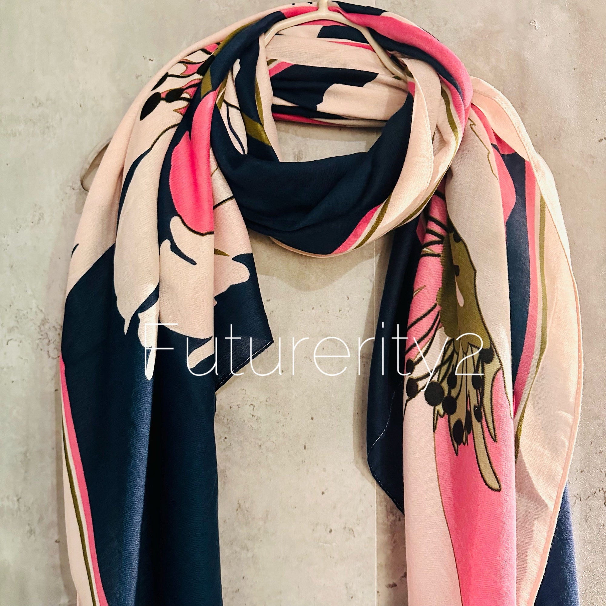 Pink Blue Organic Cotton Scarf with Huge Sketched Peony Flowers/ An Eco-Friendly Gift