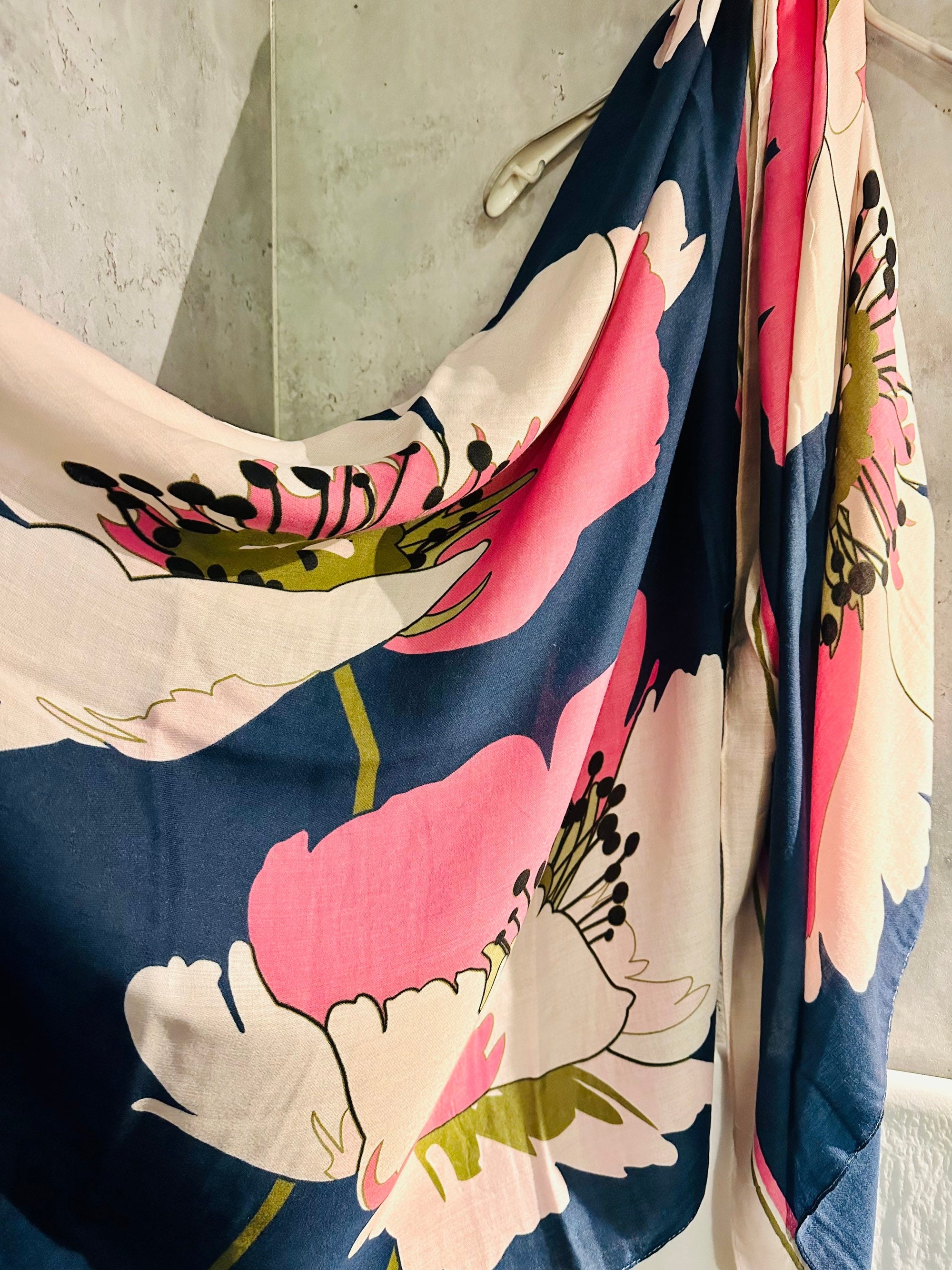 Pink Blue Organic Cotton Scarf with Huge Sketched Peony Flowers/ An Eco-Friendly Gift
