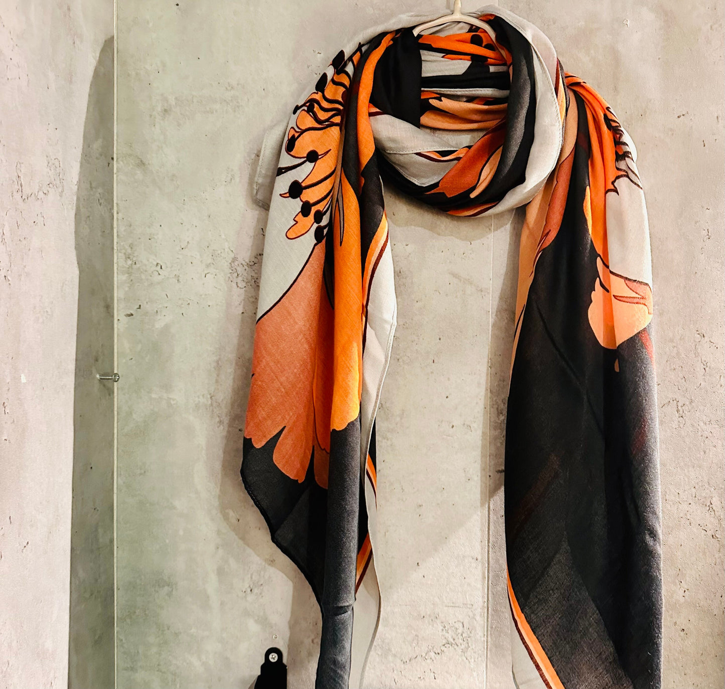 Orange Black Organic Cotton Scarf with Huge Sketched Peony Flower – An Eco-Friendly Gift for Mom, Ideal for Birthday and Christmas Celebrations