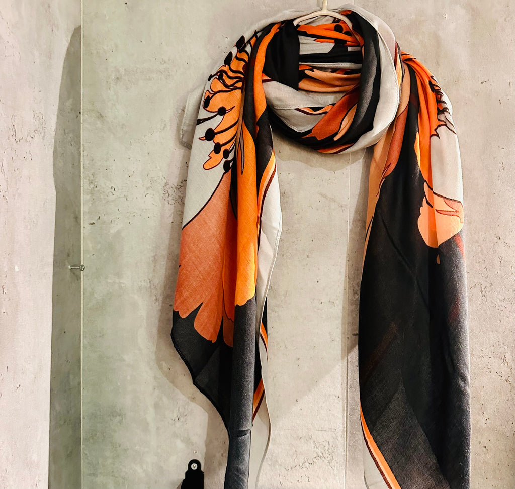 Orange Black Organic Cotton Scarf with Huge Sketched Peony Flower
