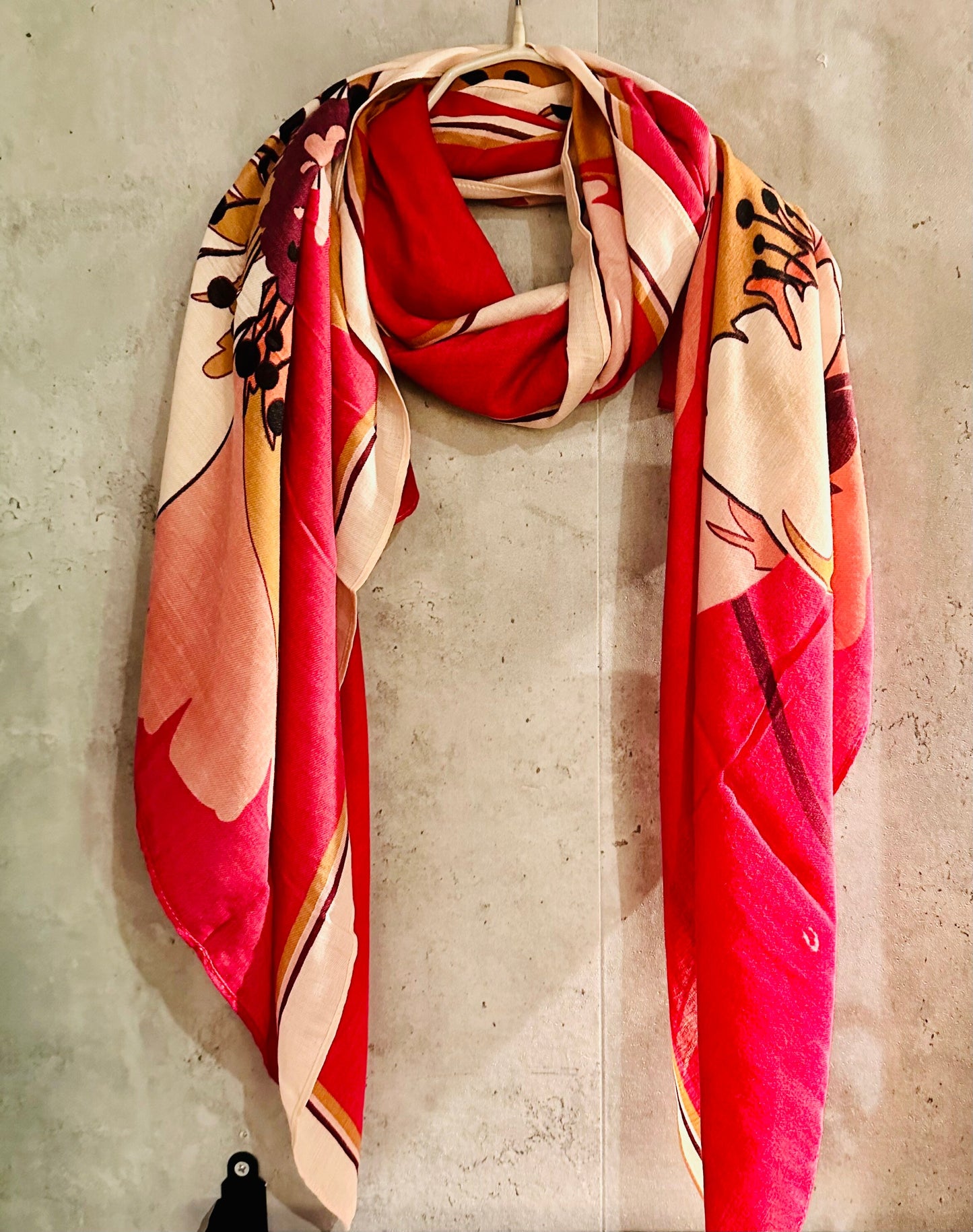Bright Pink Organic Cotton Scarf with Huge Sketched Peony Flower – An Eco-Friendly Gift for Mom on Any Occasion