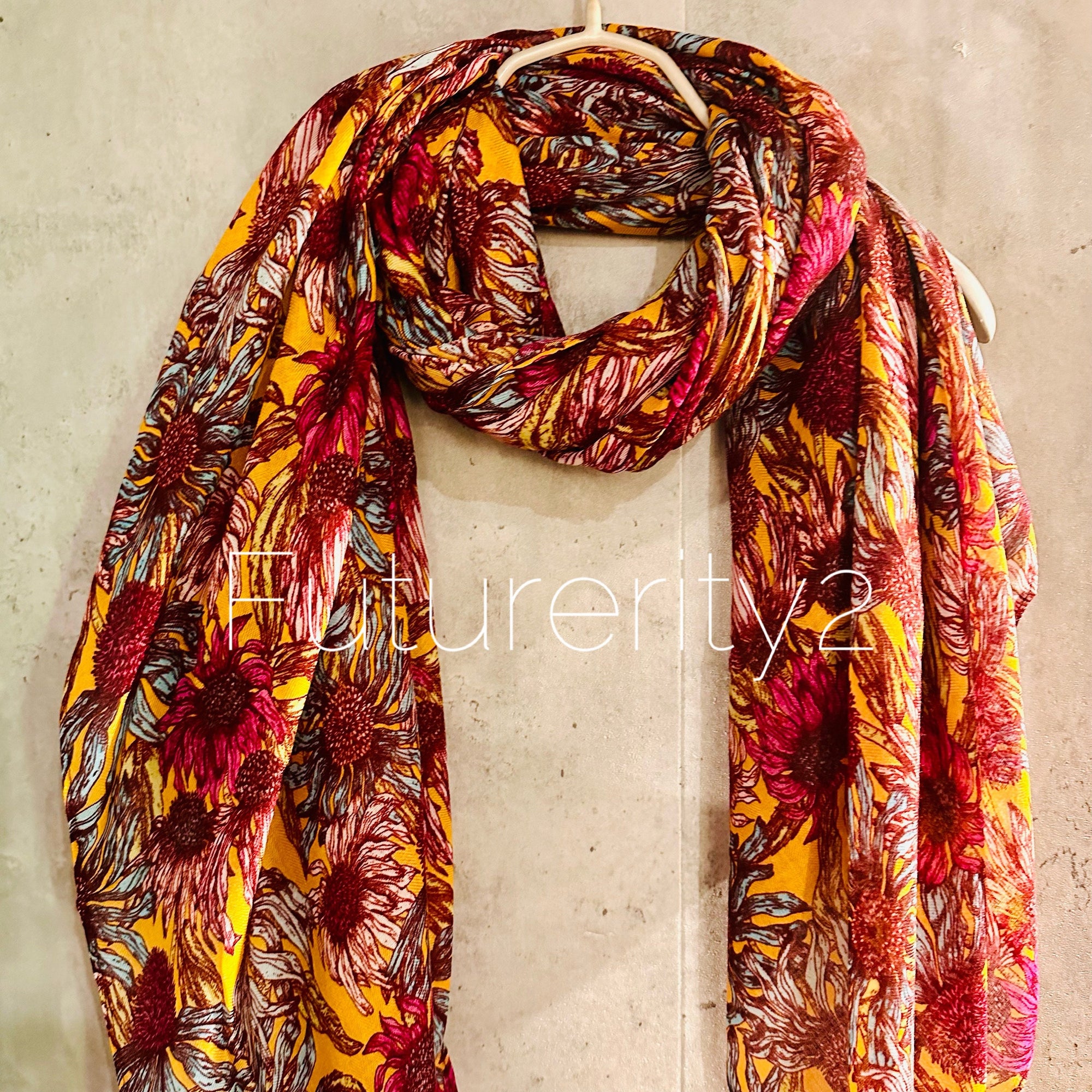 Maroon Red Organic Cotton Scarf with Eco-Friendly Sketched Sunflowers