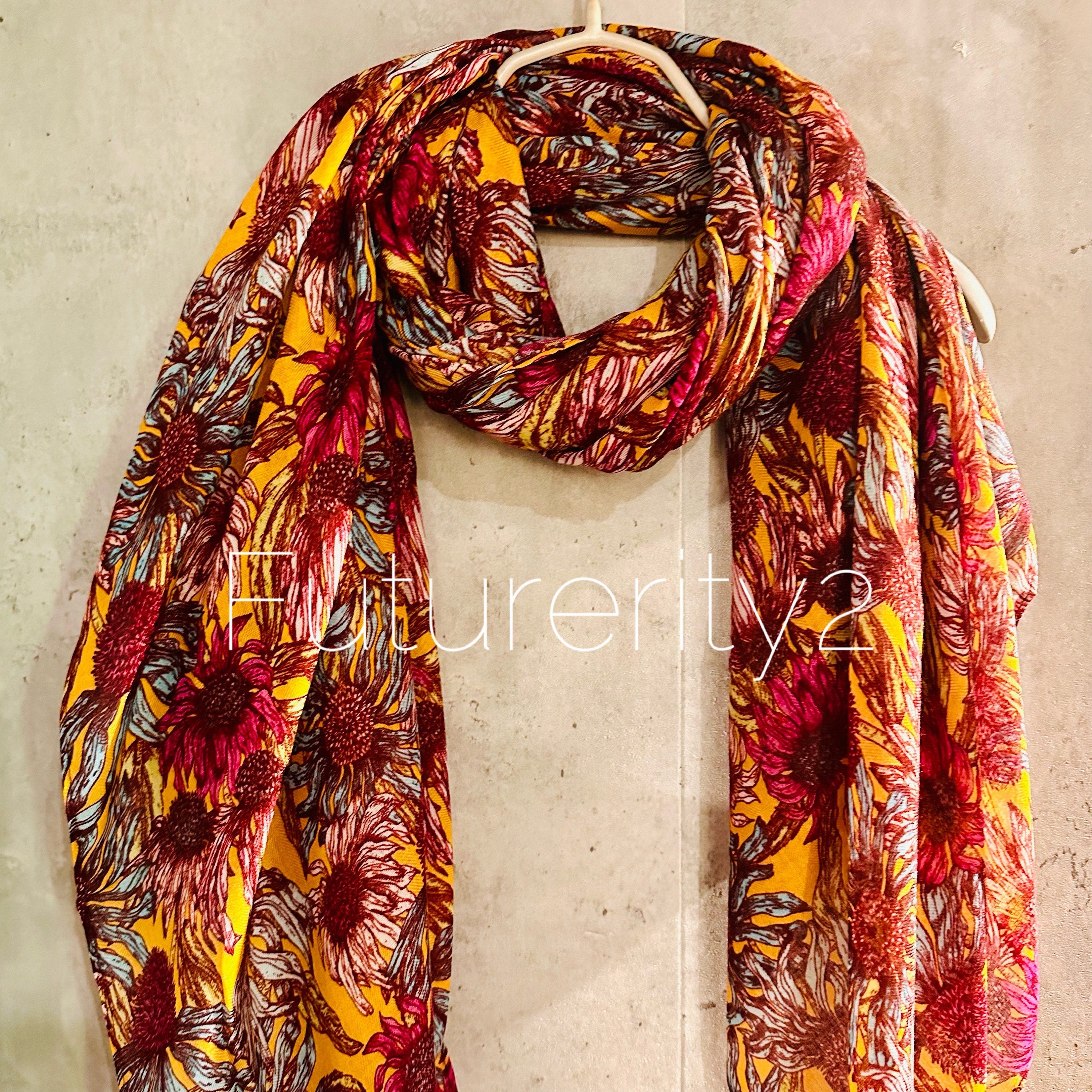 Maroon Red Organic Cotton Scarf with Eco-Friendly Sketched Sunflowers