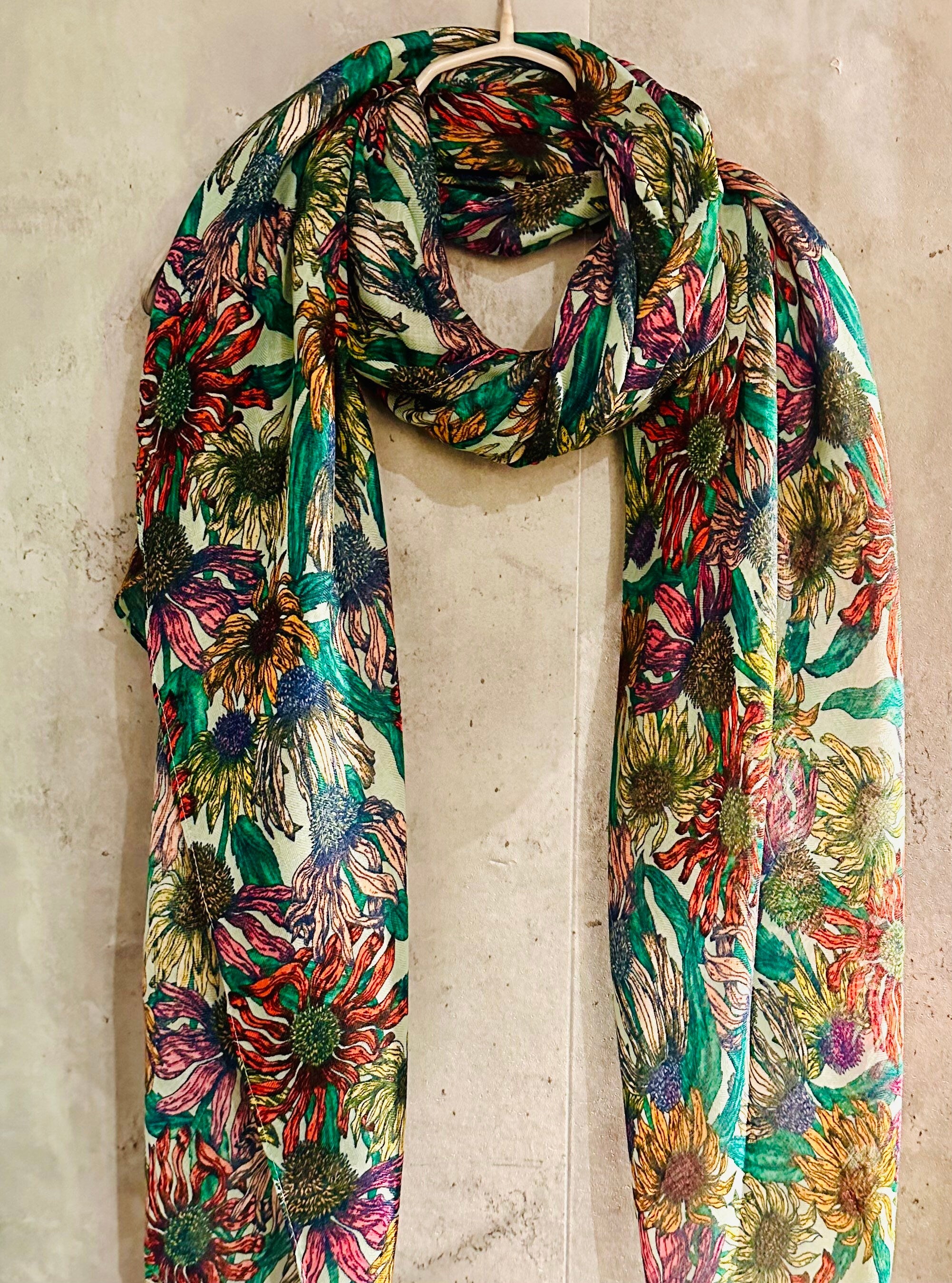 Green Organic Cotton Scarf with Eco-Friendly Sketched Sunflowers
