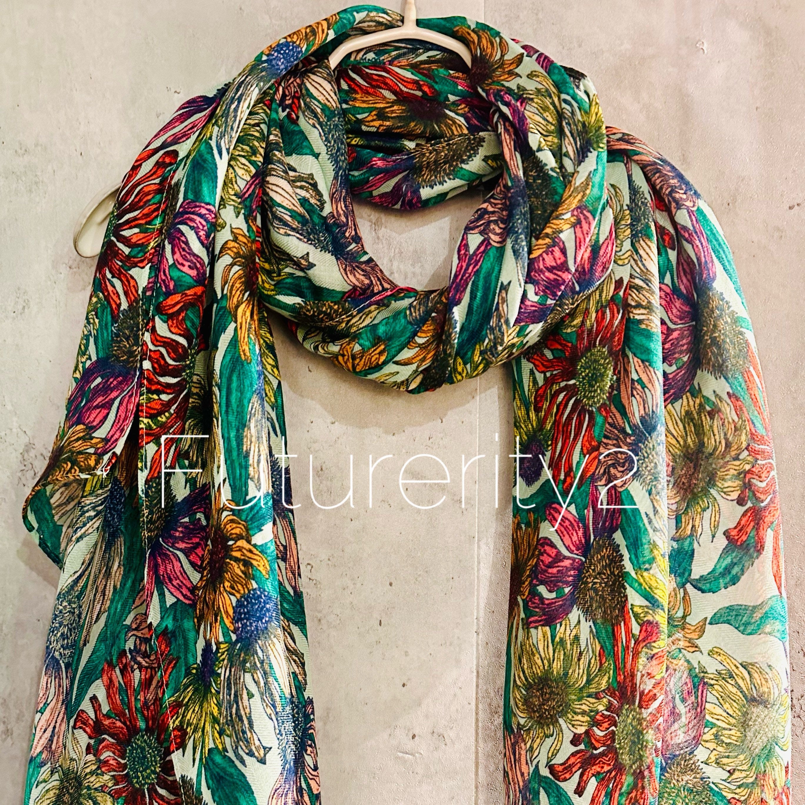 Green Organic Cotton Scarf with Eco-Friendly Sketched Sunflowers