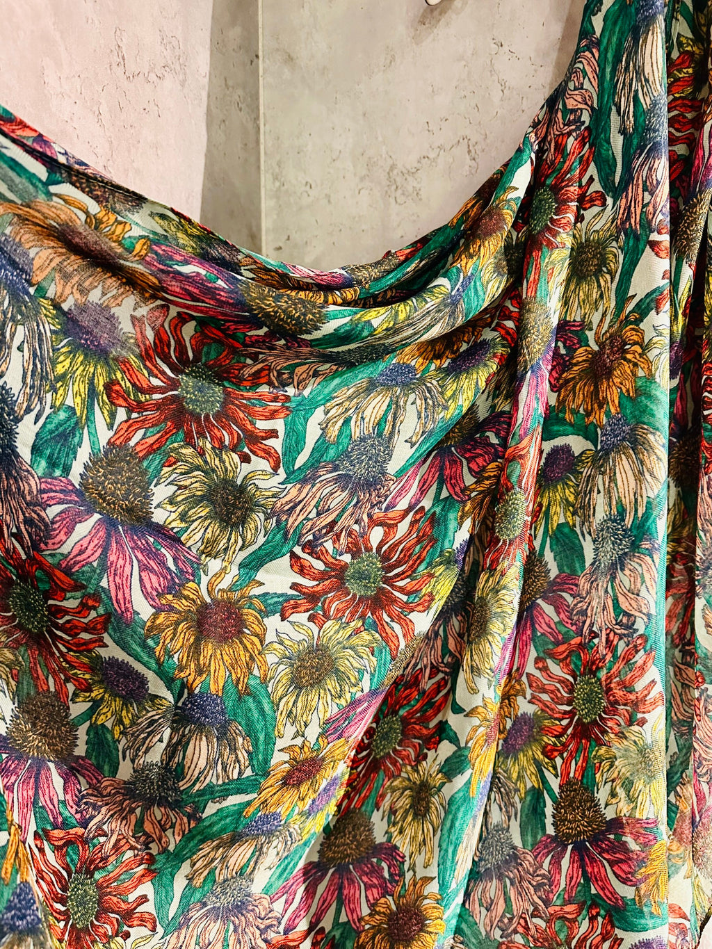 Green Organic Cotton Scarf with Eco-Friendly Sketched Sunflowers