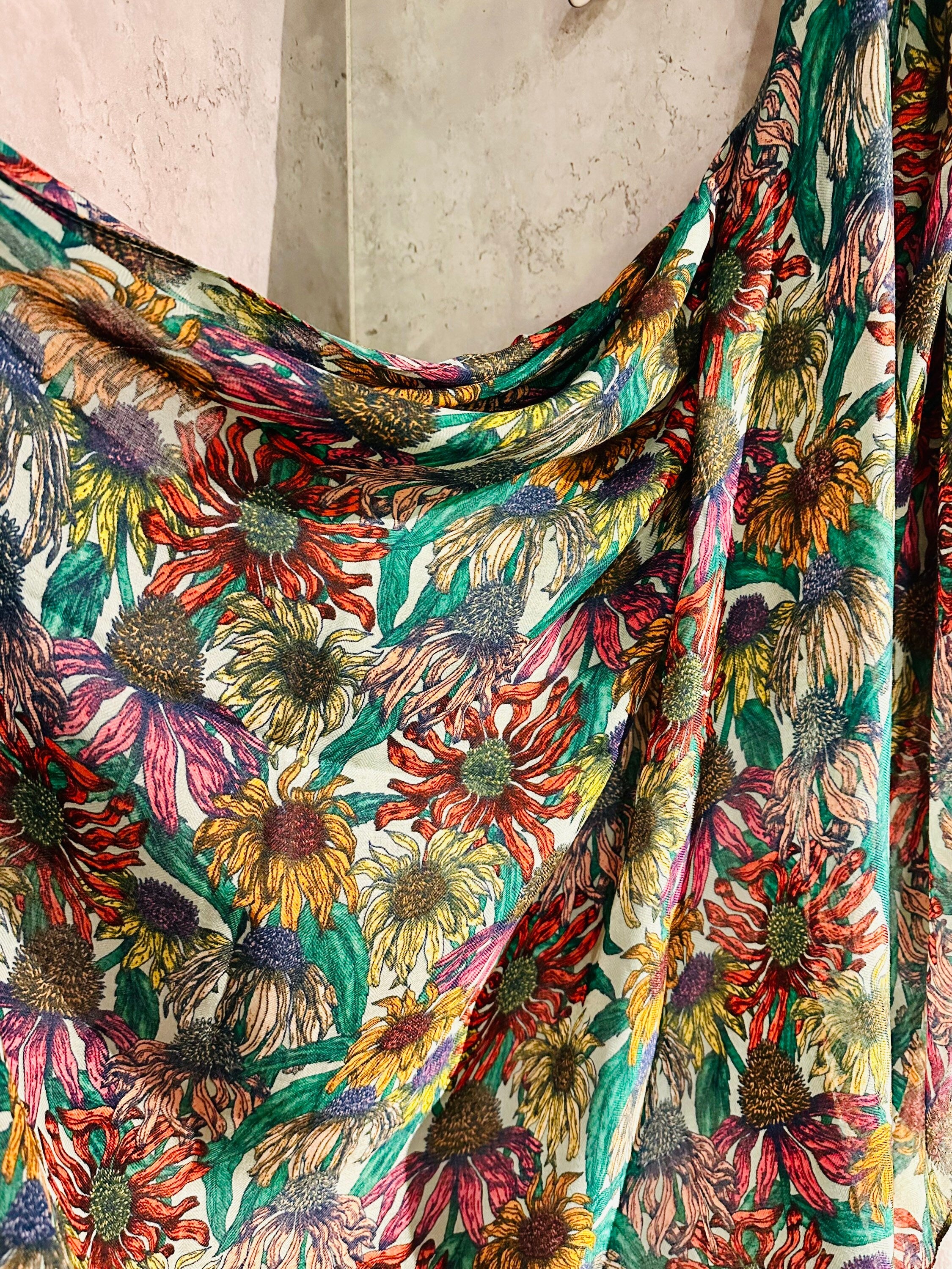 Green Organic Cotton Scarf with Eco-Friendly Sketched Sunflowers