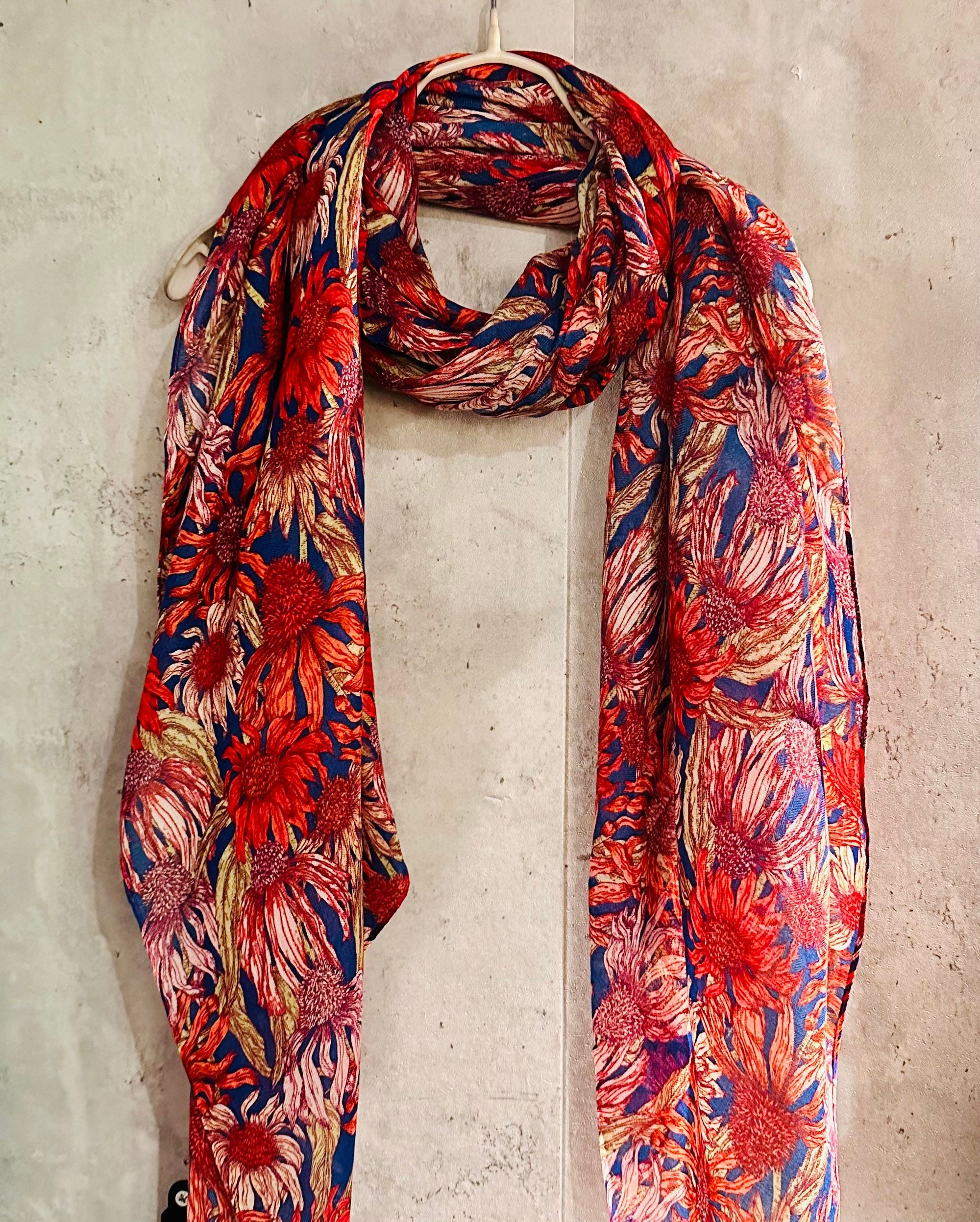 Red Organic Cotton Scarf with Eco-Friendly Sketched Sunflowers