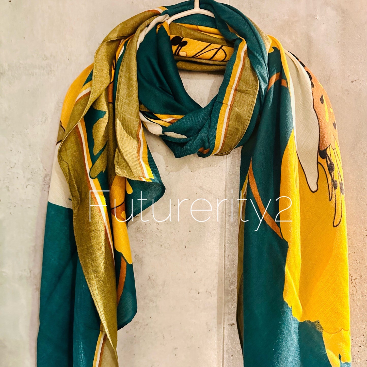 Green Yellow Organic Cotton Scarf with Huge Sketched Peony Flower – An Eco-Friendly Gift for Mom, Perfect for Birthday and Christmas