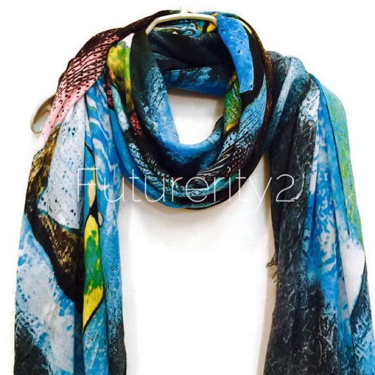 Cashmere Blend Scarf Geometric Prints Ocean Blue Spring Summer/Autumn Scarf/Gift For Her/Womens Scarves/Fashion Accessories